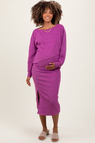 PinkBlush Plum Ribbed Knit Asymmetric Top Midi Skirt Maternity Set