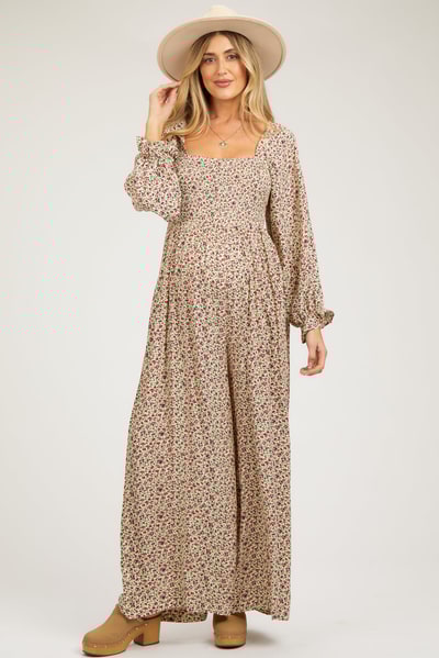 PinkBlush Beige Floral Smocked Wide Leg Maternity Jumpsuit