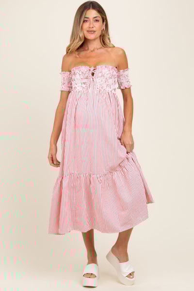 PinkBlush Red Striped Floral Colorblock Off Shoulder Maternity Midi Dress