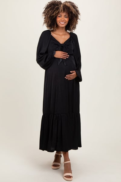PinkBlush Black Bow Satin Maternity Maxi Dress