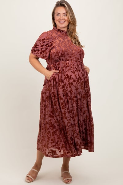 PinkBlush Mauve Floral Velvet Print Smocked Maternity Plus Midi Dress