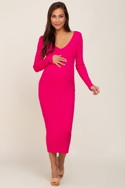 PinkBlush Fuchsia V-Neck Long Sleeve Fitted Maternity Maxi Dress