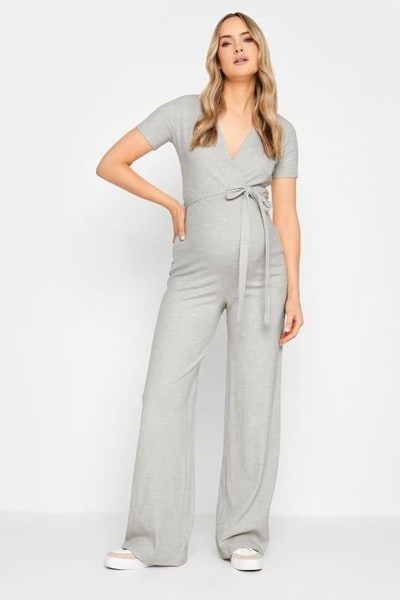 Yours Clothing LTS Tall Grey Ribbed Wrap Maternity Jumpsuit