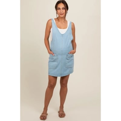 Target Pinkblush Blue Denim Side Pocket Overall Maternity Dress Small