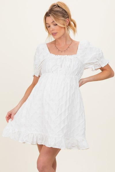 PinkBlush White Textured Puff Sleeve Maternity Dress