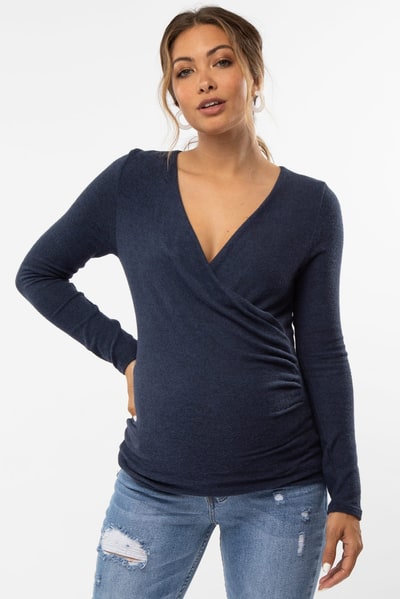 PinkBlush Navy Blue Brushed Knit Wrap Front Maternity Top