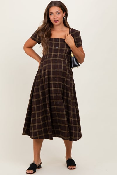 PinkBlush Brown Plaid Button Down Maternity Midi Dress