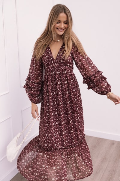 Petal & Pup Evian Long Sleeve Maxi Dress - Burgundy Multi