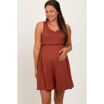 Target PinkBlush Rust Ribbed Sleeveless Lettuce Trim Maternity Mini Dress Rust Large