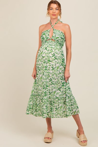 PinkBlush Green Leaf Print Halter Keyhole Maternity Midi Dress