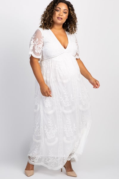 PinkBlush PinkBlush White Lace Mesh Overlay Plus Maternity Maxi Dress