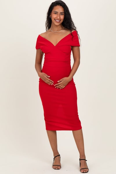 PinkBlush Red Off Shoulder Fitted Maternity Midi Dress