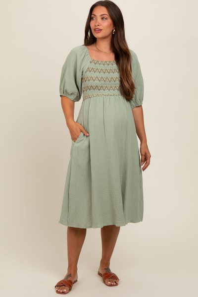 PinkBlush Light Olive Embroidered Maternity Midi Dress