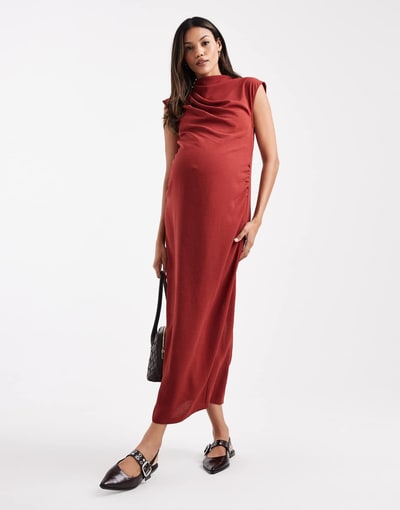 ASOS high neck sleeveless midi dress with draped neck in rust