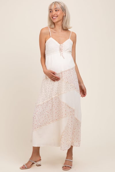 PinkBlush Cream Floral Sweetheart Neck Maternity Midi Dress