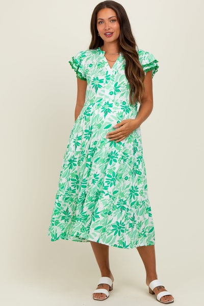 PinkBlush Green Floral Ruffle Sleeve Tiered Maternity Midi Dress