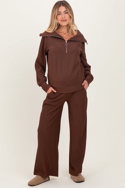 PinkBlush Brown Ribbed Half Zip Pullover Wide Leg Pant Maternity Set
