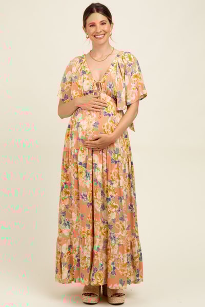 PinkBlush Salmon Floral Flyway Sleeve V-Neck Tiered Maternity Maxi Dress