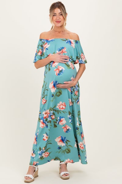 PinkBlush Light Blue Off Shoulder Floral Ruffle Maternity Maxi Dress