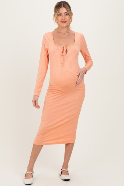 PinkBlush Salmon Ribbed Long Sleeve Squareneck Fitted Maternity Midi Dress