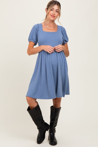 PinkBlush Blue Square Neck Puff Sleeve Rib Babydoll Maternity Dress