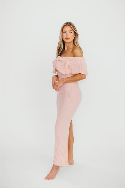 Worth Collective Aston Bow Front Maxi Sweater Dress in Pinkish Petal – Bump Friendly & Inclusive Sizing (XS-3XL)