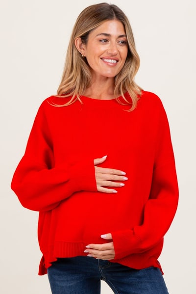 PinkBlush Red Drop Shoulder Relaxed Fit Maternity Sweater