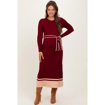 Target Pinkblush Burgundy Elegant Ribbed Midi Sweater Dress With Belt Small