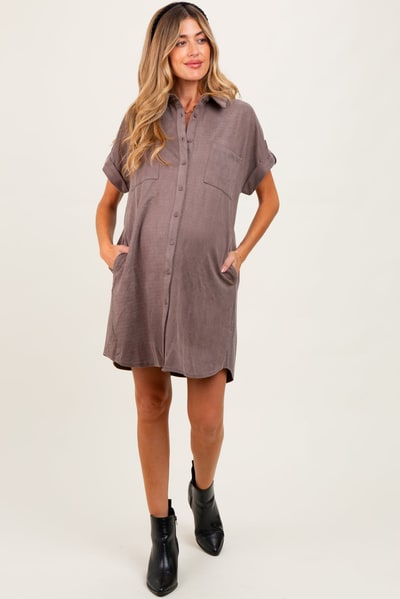 PinkBlush Mocha Faux Suede Button Down Maternity Shirt Dress