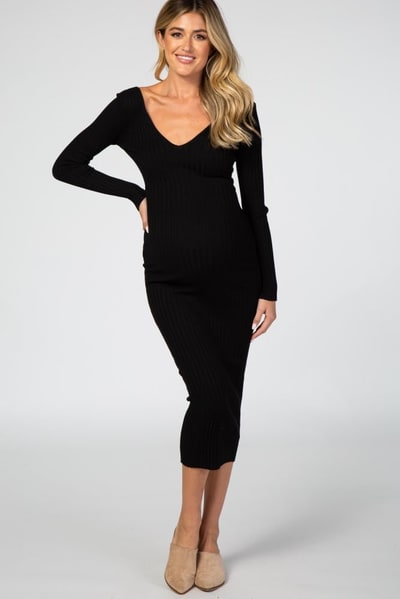 PinkBlush Black V-Neck Long Sleeve Fitted Maternity Maxi Dress