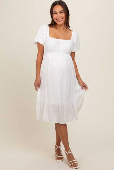 PinkBlush White Heart Embroidered Short Puff Sleeve Maternity Midi Dress