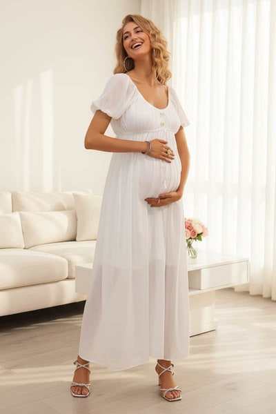 Summer Mae Short-Sleeve Tulle Maternity Dress with Double-Layer Coverage | Comfortable & Elegant
