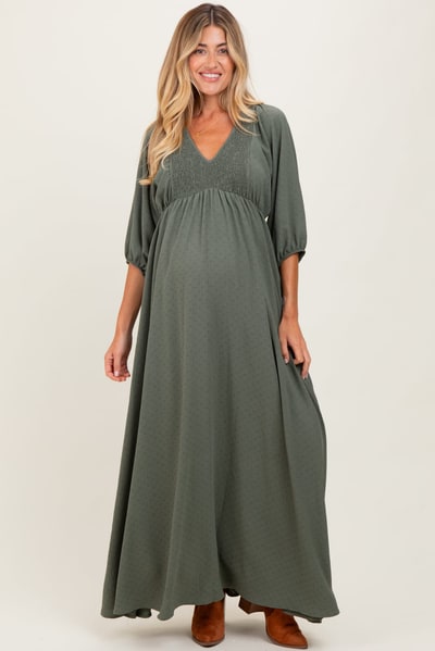 PinkBlush Olive Solid 3/4 Sleeve Smocked Top V-Neck Maternity Maxi Dress