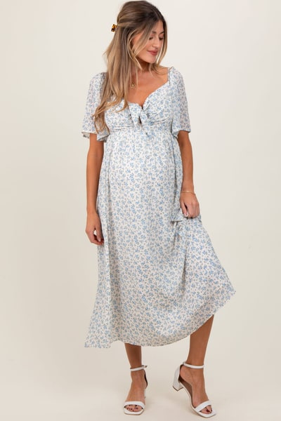 PinkBlush Blue Floral Front Tie Maternity Midi Dress