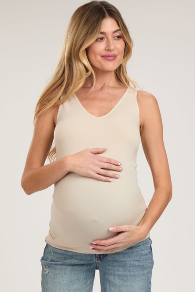 PinkBlush Beige Sleeveless Fitted Maternity Tank Top