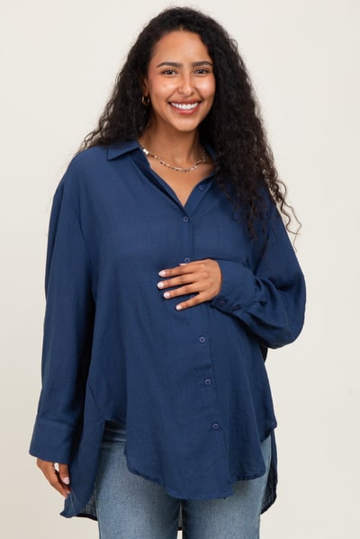 PinkBlush Navy Lightweight Sheer Button Down Maternity Blouse