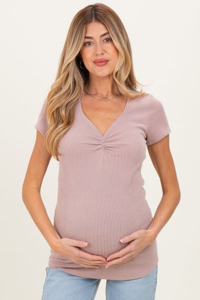 PinkBlush Taupe Ribbed Sweetheart-Neckline Maternity Top