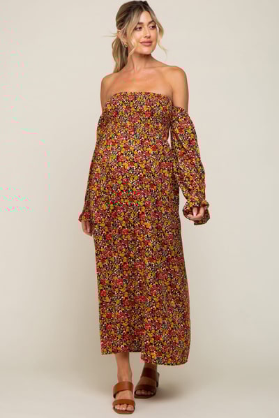PinkBlush Red Floral Long Sleeve Maternity Maxi Dress