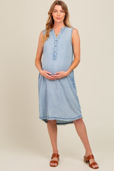 PinkBlush Light Blue Chambray Button Up Fringe Sleeveless Maternity Dress