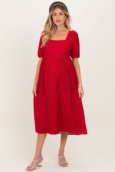 PinkBlush Red Swiss Dot Puff Sleeve Maternity Midi Dress