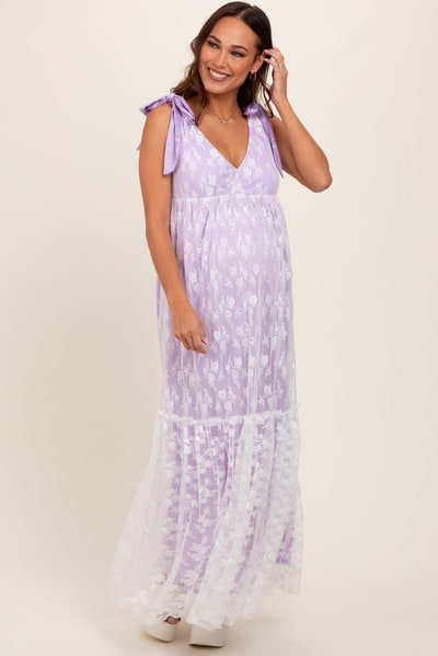 PinkBlush Lavender V-Neck Satin Tie Lace Overlay Maternity Maxi Dress