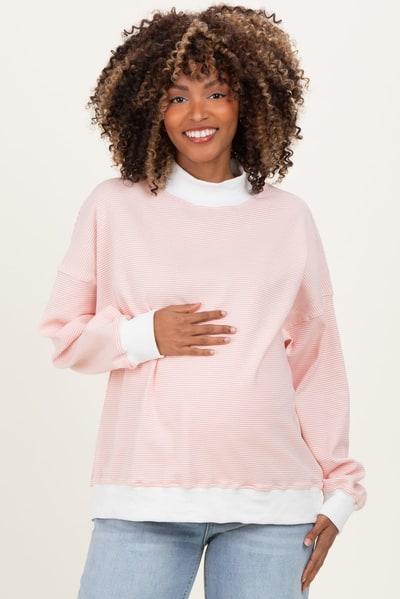 PinkBlush Peach Striped Mock Neck Maternity Sweatshirt