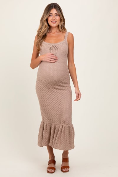 PinkBlush Light Taupe Crochet Knit Front Tie Maternity Midi Dress