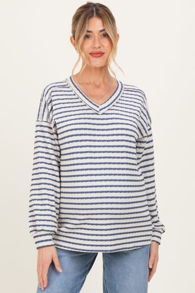 PinkBlush Cream/Navy Long Puff Sleeve V-Neck Striped Maternity Top