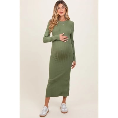 Target Pinkblush Olive Ribbed Knit Fitted Maternity Midi Sweater Dress Medium