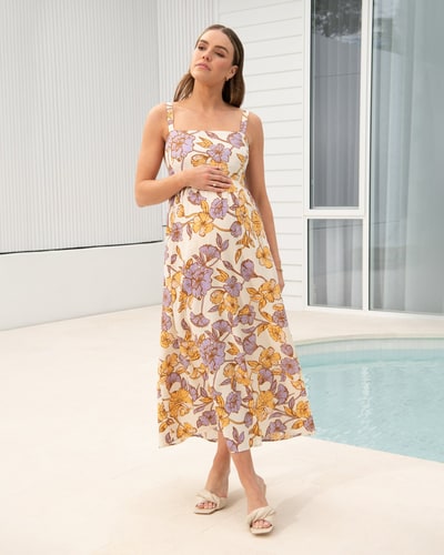 Ripe Maternity Maya Tie Back Linen Dress  Natural