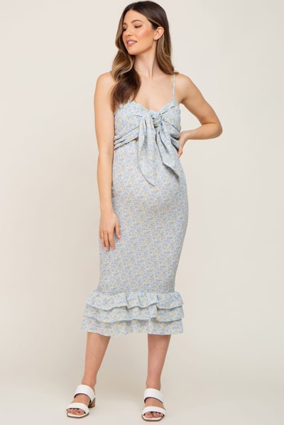 PinkBlush Blue Floral Knot Front Smocked Maternity Midi Dress