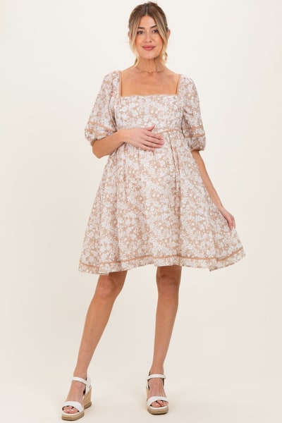 PinkBlush Taupe Contrast Binded Floral Maternity Mini Dress