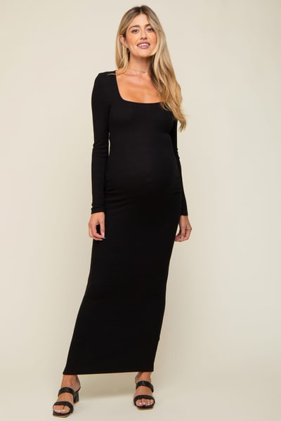 PinkBlush Black Ribbed Long Sleeve Square Neck Maternity Maxi Dress