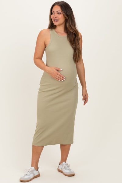 PinkBlush Light Olive Ribbed Maternity Tank Midi Dress